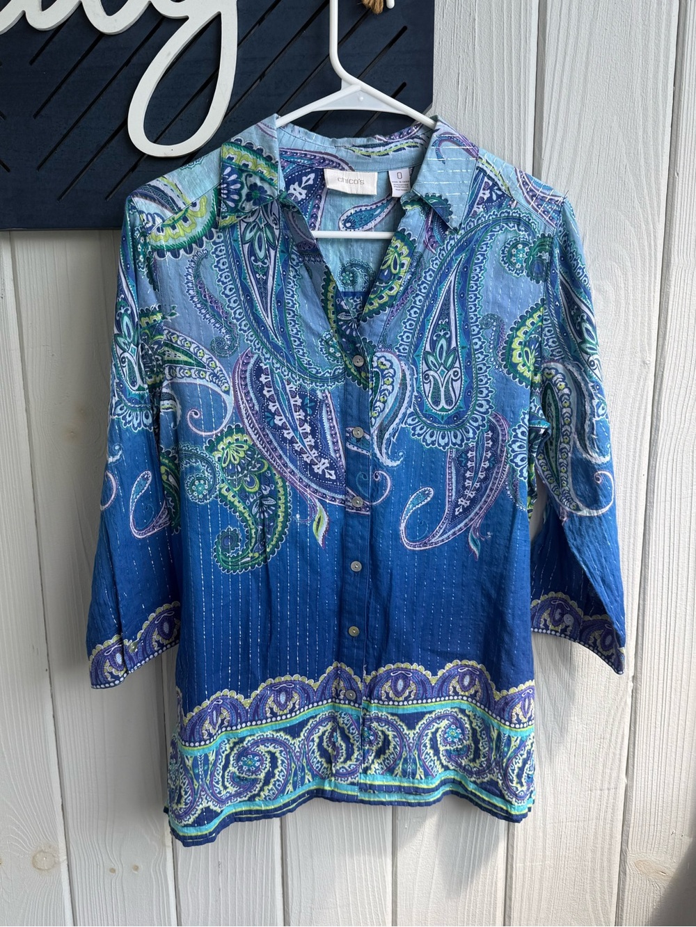 Chico's Blue Paisley Button-Down Shirt with Green Accents